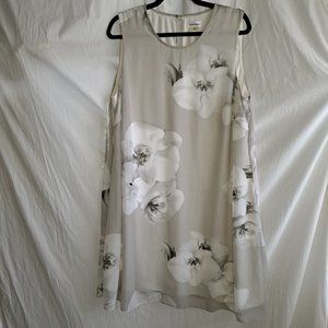 Calvin Klein, 16W, Dress, Floral, Gray, White, Black, Sleeveless, 2 layers